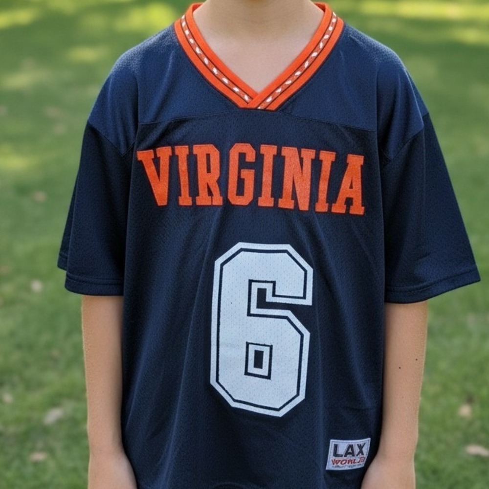 Lax World Virginia Lacrosse Jersey Mens Navy Blue Orange Number 6 Mesh VTG